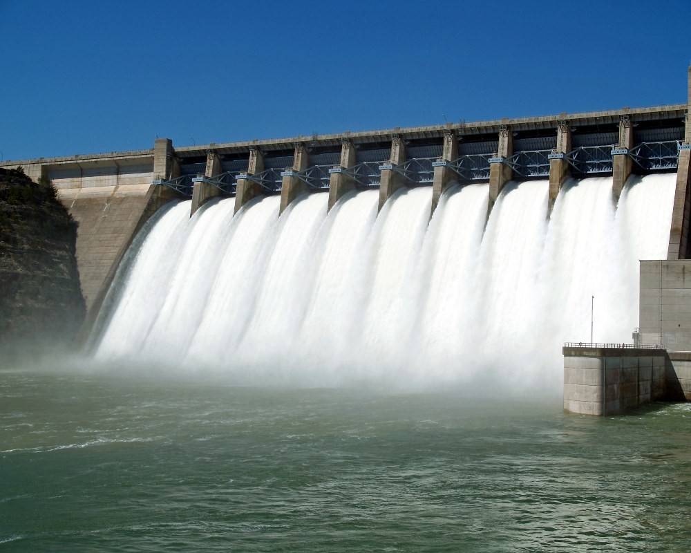 Water flowing through a hydropower dam